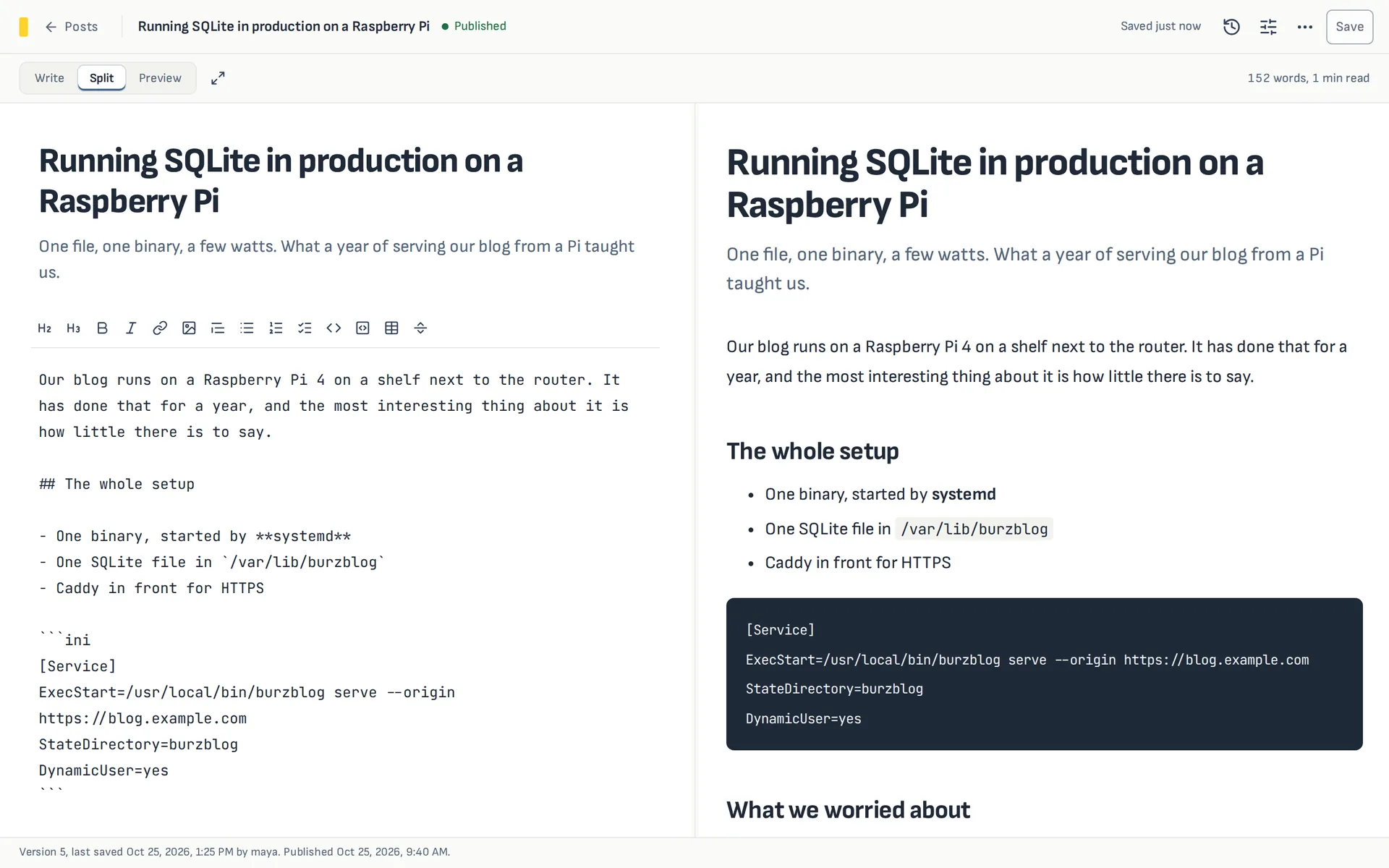 The BurzBlog editor: Markdown on the left and a live preview of the published post on the right.